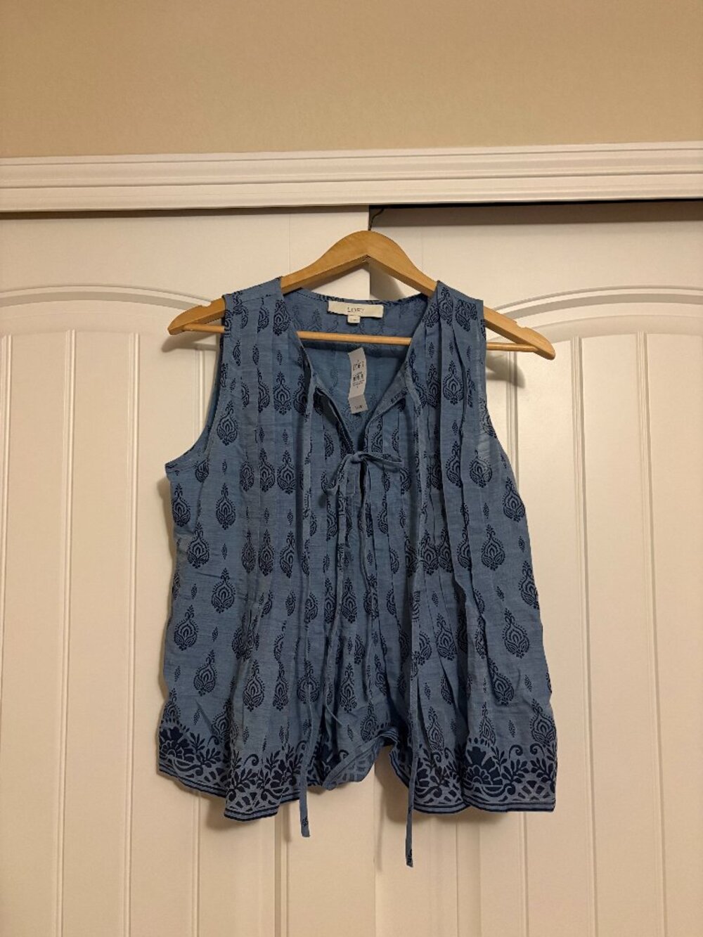 LOFT Pleated Front Blouse Small Blue Sleeveless Tie Front Cotton Blend NWT NEW